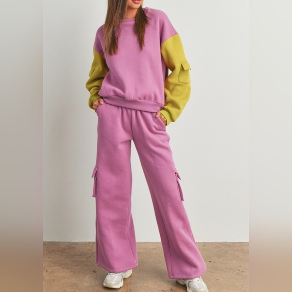 #058B 🛑S NEW! CHIC TRENDY Patched Pocket Sleeve Contrast Sweatshirts - Picture 3 of 12